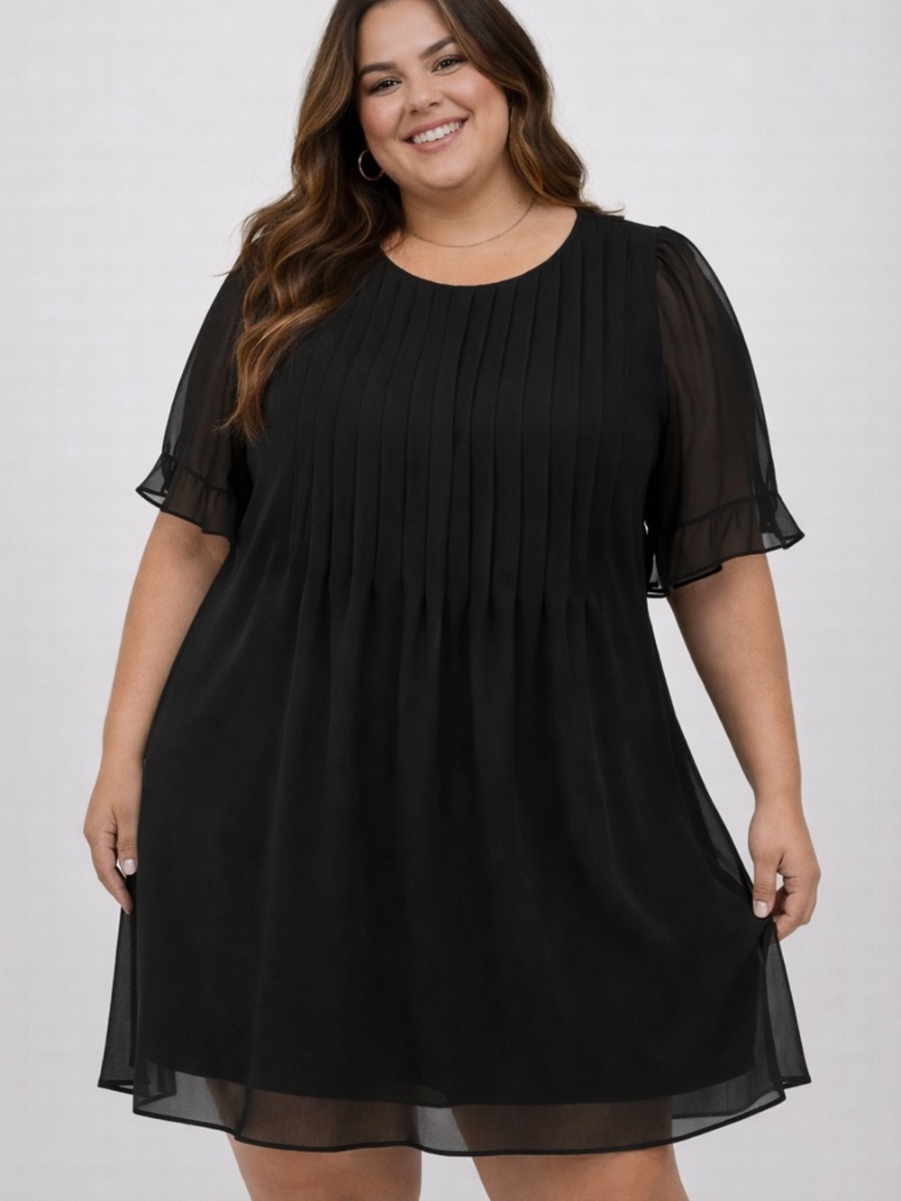 DKNY Black Chiffon Pleated Dress Sheer Sleeve Shift Dress Size 16